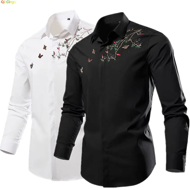 2026 New Men's Black Embroidered Long Sleeve Shirt, Black Single Breasted Lapel Casual Shirts, Asian Size M-6XL