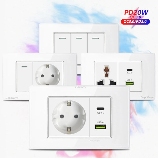 White Tempered Glass Panel Wall Light Switch Rocker Button EU Sockets Fast Charging CAT6 TV Power Outlet 118*75mm 16A AC110-250V