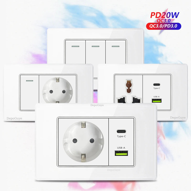 White Tempered Glass Panel Wall Light Switch Rocker Button EU Sockets Fast Charging CAT6 TV Power Outlet 118*75mm 16A AC110-250V
