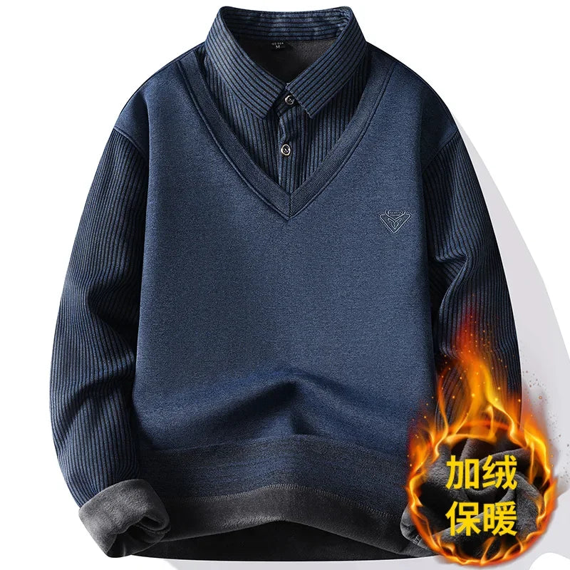 Thermal Knitted Top For Men Fake Two Piece Waistcoat Style Stretch Striped Sleeve Shirt Collar Daily Wear Base Layer Outfit