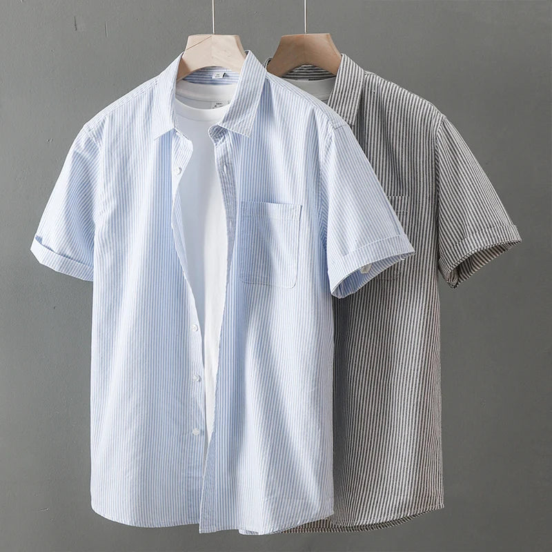 DUKEEN Men's Casual Tops Striped Shirt Loose Tops Cotton Short-Sleeved Spring and Summer T-Shirt Handsome Men's Shirt