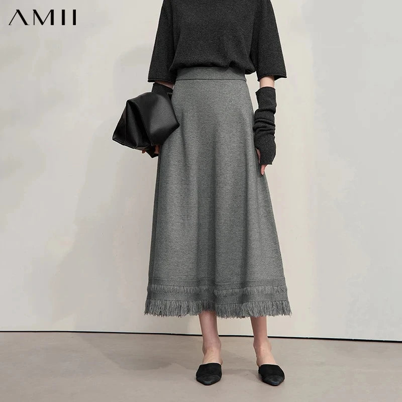 AMII Women's Skirt 2026 Winter Minimalist Solid Color Tassel A-Line Long Skirts For Women Loose Knitted Clothing Female 12544018