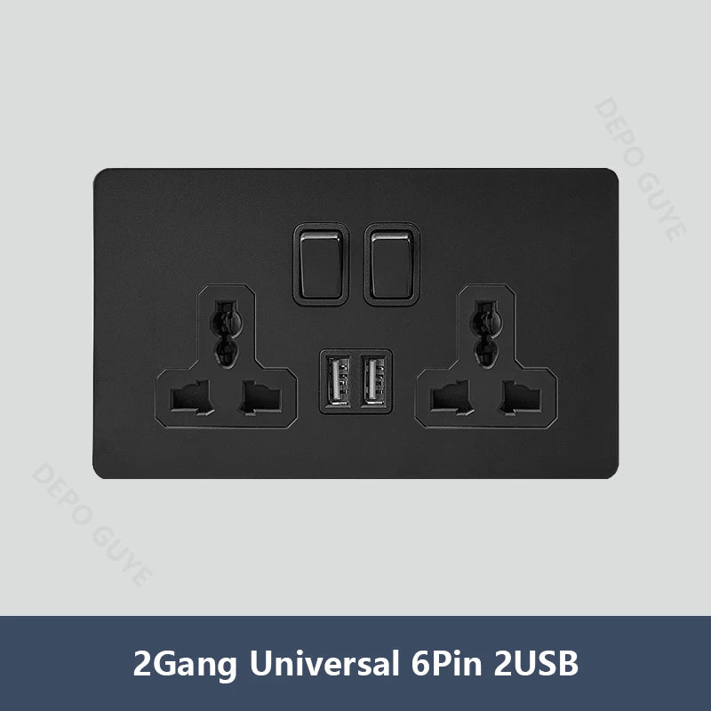 Black Vintage Toggle EU FR Lamp Switch Socket,Retro Brass Lever Light Switch Univeral Stainless Steel Dual Wall Socket With USB