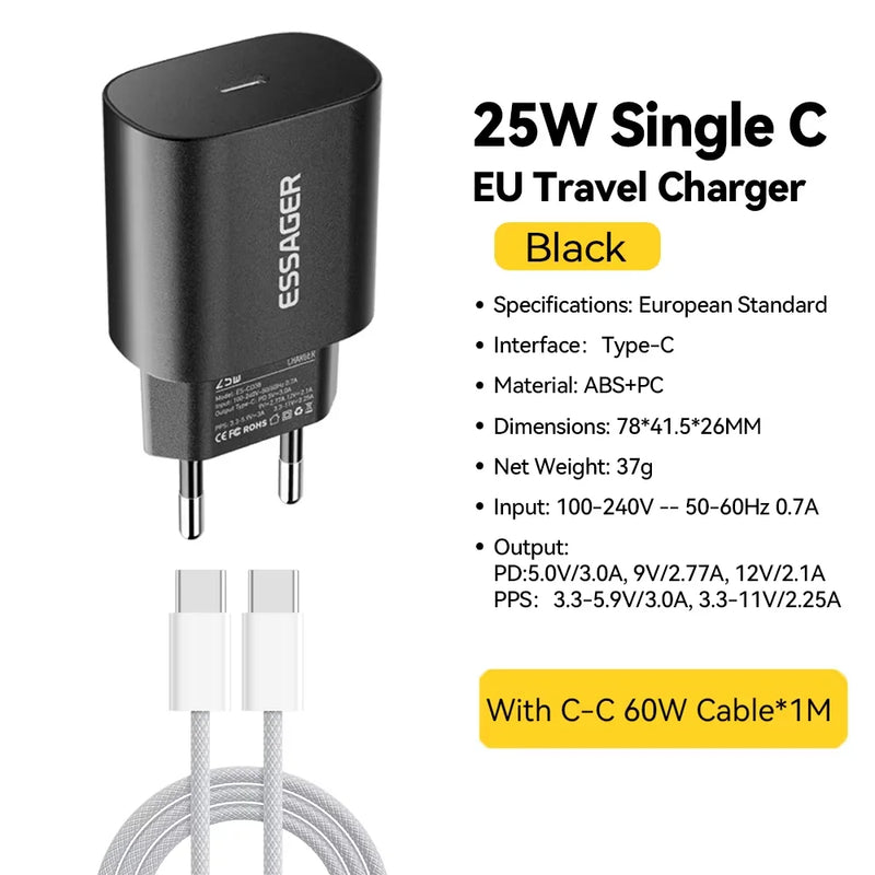 ឆ្នាំងសាក Essager 25W USB C ឈុតឆ្នាំងសាក PD សាកលឿន ឆ្នាំងសាកទូរស័ព្ទរហ័សសម្រាប់ iPhone 16 15 Pro Max Xiaomi Oneplus Xiaomi Samsung