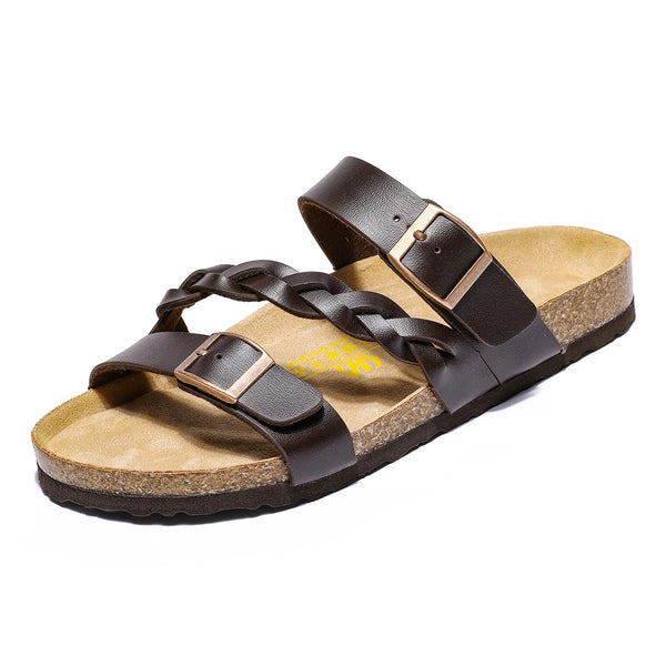 Double Buckle Cork Sandals Men Women Arch Support Flat Cork Footbed Slides Non Slip Summer Beach Casual Slippers Big Size 49 50