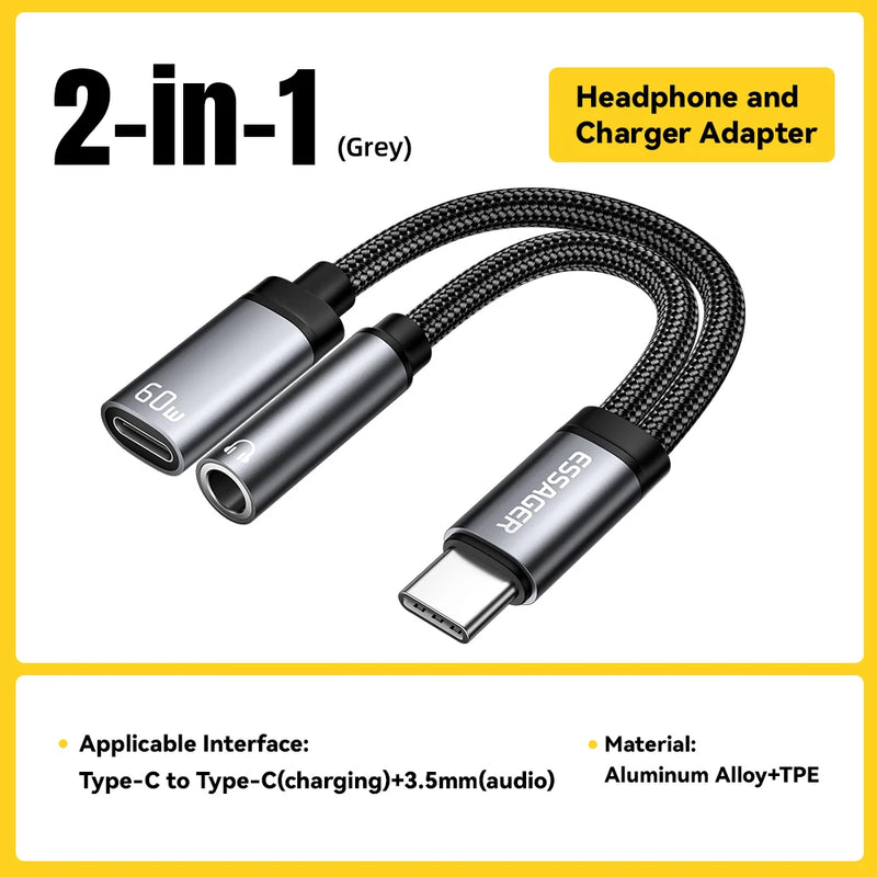 Essager 2 in 1 Type C to 3.5mm AUX Cable Headphone Adapter PD 60W សាកថ្មលឿនសម្រាប់ iPhone 16 15 Samsung Xiaomi 14 13 Tablet PC