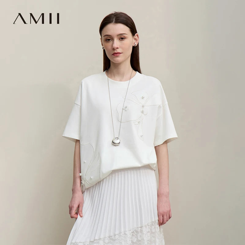 អាវយឺតនារី Amii ឆ្នាំ២០២៦ រដូវក្តៅថ្មី កមូលស្មាទម្លាក់ កប្បាស ១០០% អាវយឺតរលុង ដៃខ្លីប៉ាក់ 12642018