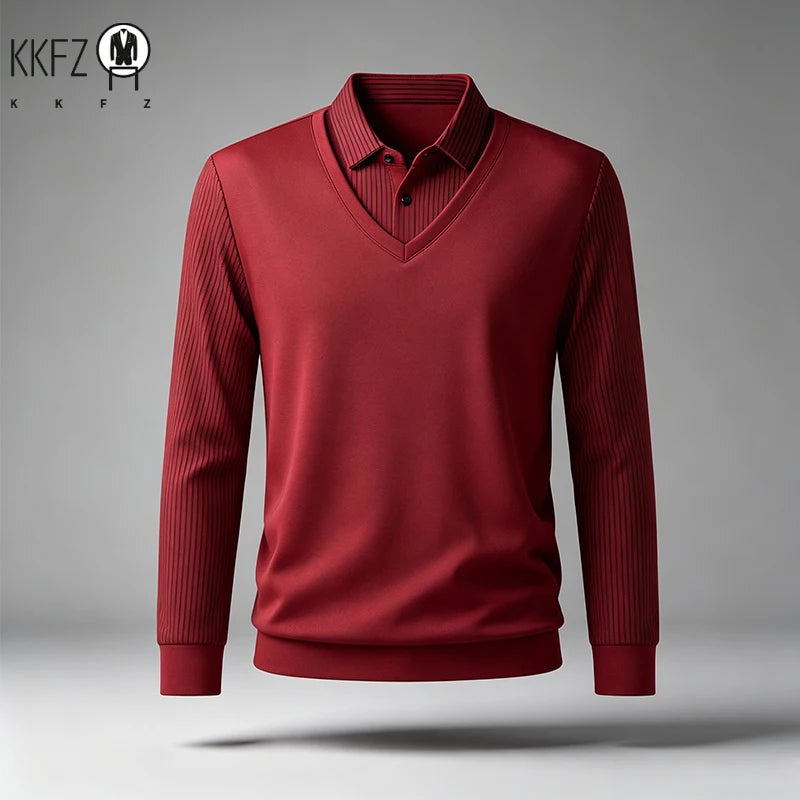 Men Fake Two Piece Long Sleeve Top V Neck Ribbed Sleeve Shirt Collar For Business Office Daily Commute Casual Outfits