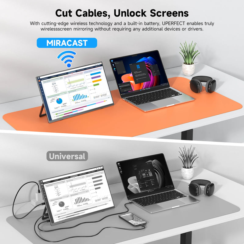 UPERFECT Wireless Portable Monitor 15.6" 60HZ Computer Display With Battery 100% sRGB 1920x1080 Extension Screen for Pc Phone