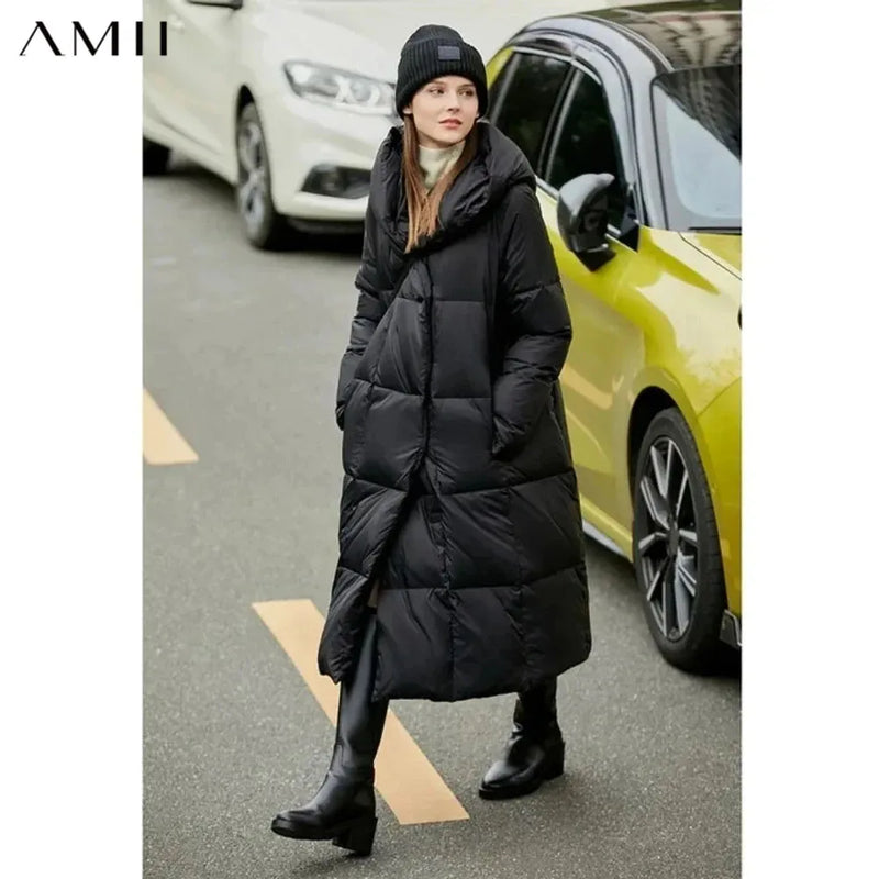 AMII Women's Down Coats Long Jacket Casual Loose Hooded Covered Button Coats 2026 Winter New Versatile Ladies Clothing 12424110