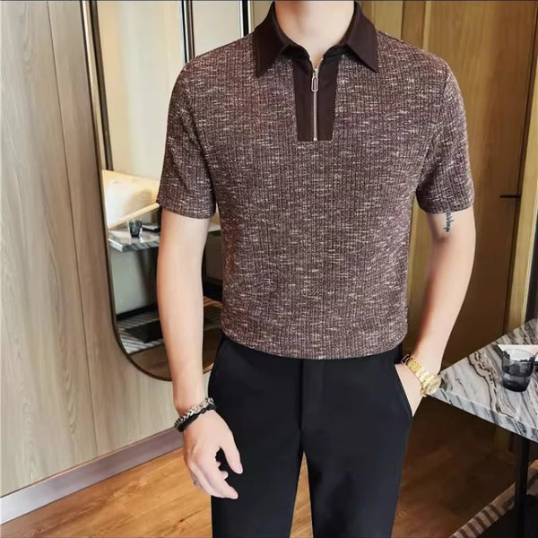 High Quality Men's Stretchable Knitted Polo Shirt Short Sleeve Zipper Collar Textured Breathable Summer Casual Fashion Top