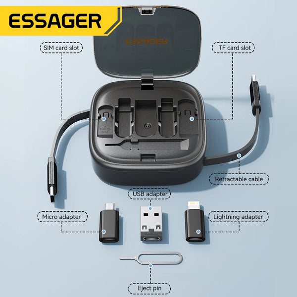 ខ្សែ Essager USB C ទៅ Type-C PD 60W ទៅ Micro Lighting សាកថ្មលឿន ទិន្នន័យធ្វើដំណើរ ខ្សែពហុមុខងារ ជាមួយប្រអប់ផ្ទុកសម្រាប់ដាក់