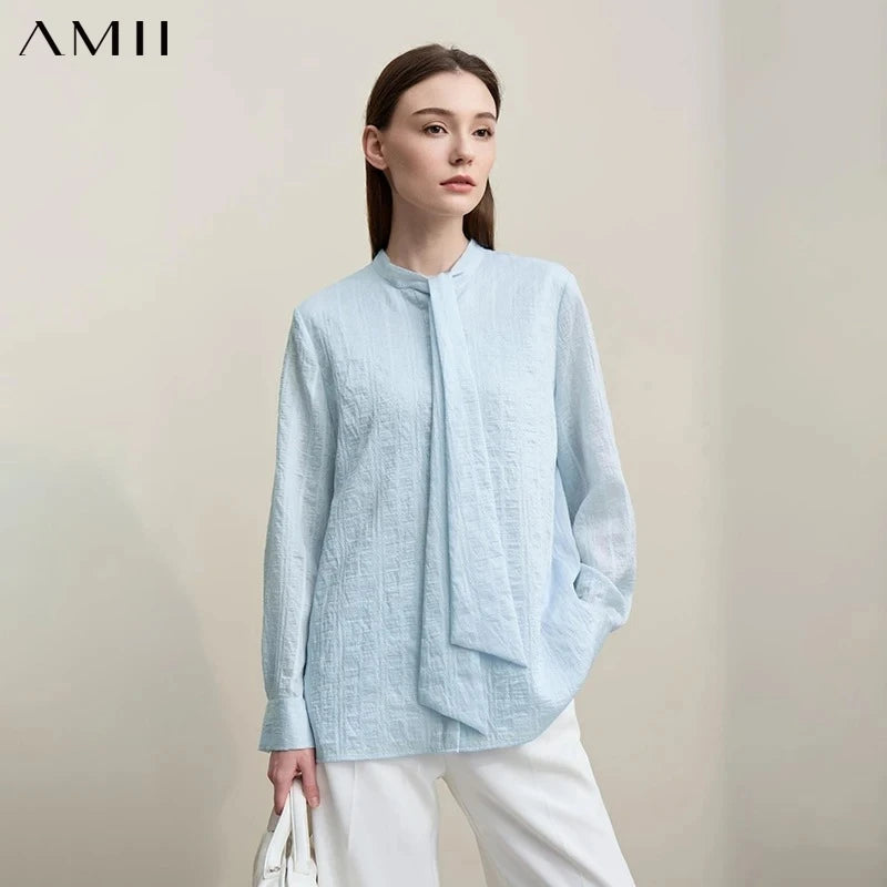 Amii Women's Autumn Elegant Blouses 2026 New Romantic Bow Tie Chiffon Shirt Straight Casual Long Sleeve Ladies Top 12621071