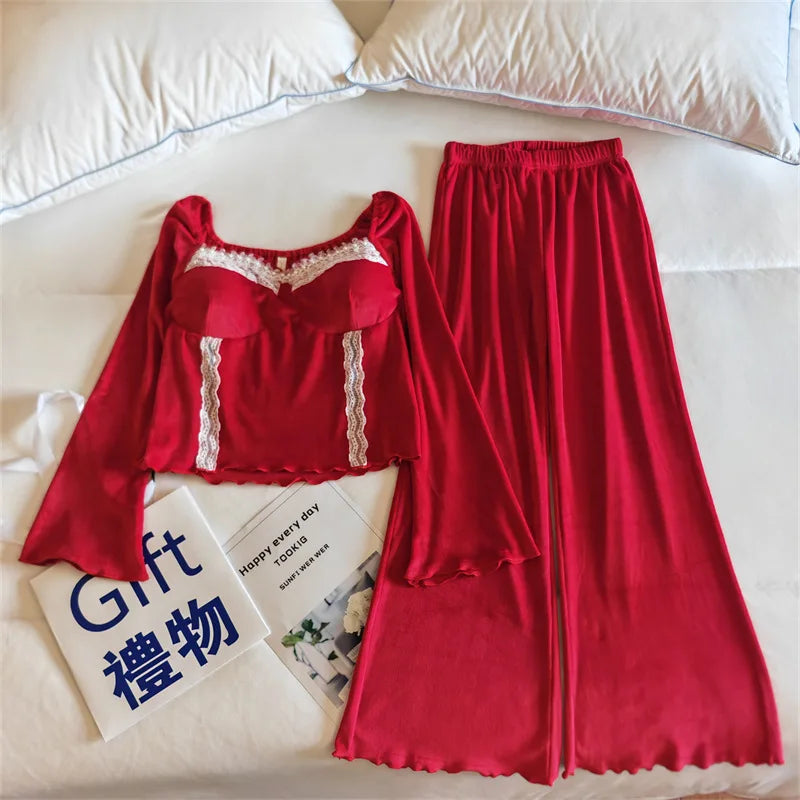 ឈុតគេងនារី Elegant Island Velvet Warm Women's Pajamas Set Chest Pad Top Home Suit For Women Nightwear Winter Sleepwear