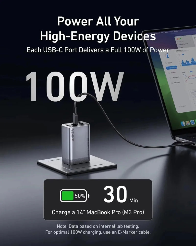 ឆ្នាំងសាក Anker Prime GaN 100W 3 រន្ធ USB C PD Fast Charger ឧបករណ៍ភ្ជាប់ថាមពលជញ្ជាំងច្រើនរន្ធសម្រាប់កុំព្យូទ័រយួរដៃ iPhone Samsung ស្មាតហ្វូន
