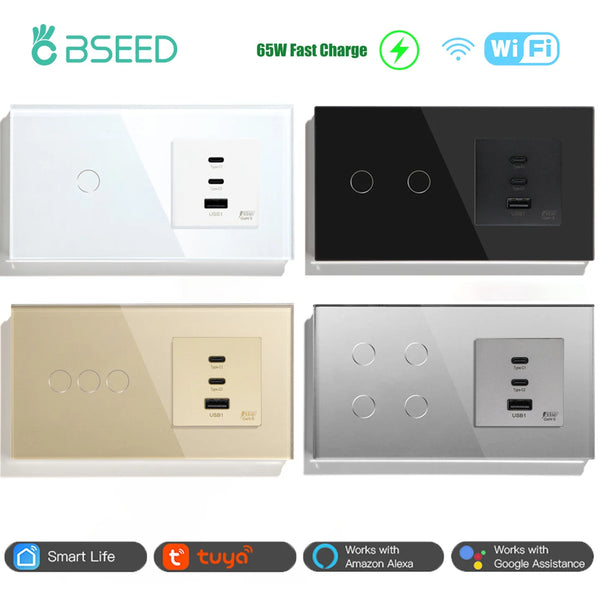 BSEED Wifi Light Switches Smart Wall Touch Switch 1/2/3/4Gang 2Way With 65W Fast Charge Socket Support Tuya Smart Life Control