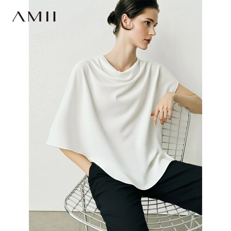 Amii Chiffon Blouse 2026 Summer New Asymmetric Dolman Sleeve Top Women Loose Elegant Cowl Neck Casual Women's Blouse 12642216
