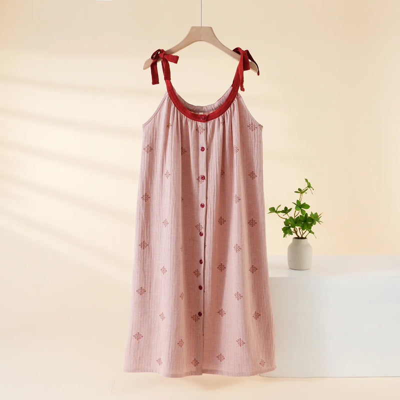 Retro Nightgowns Woman Sleep New Summer Sleepwear One Piece Dress Pure Cotton Thin Sleeveless Pajamas Dress Night Wear Ladies