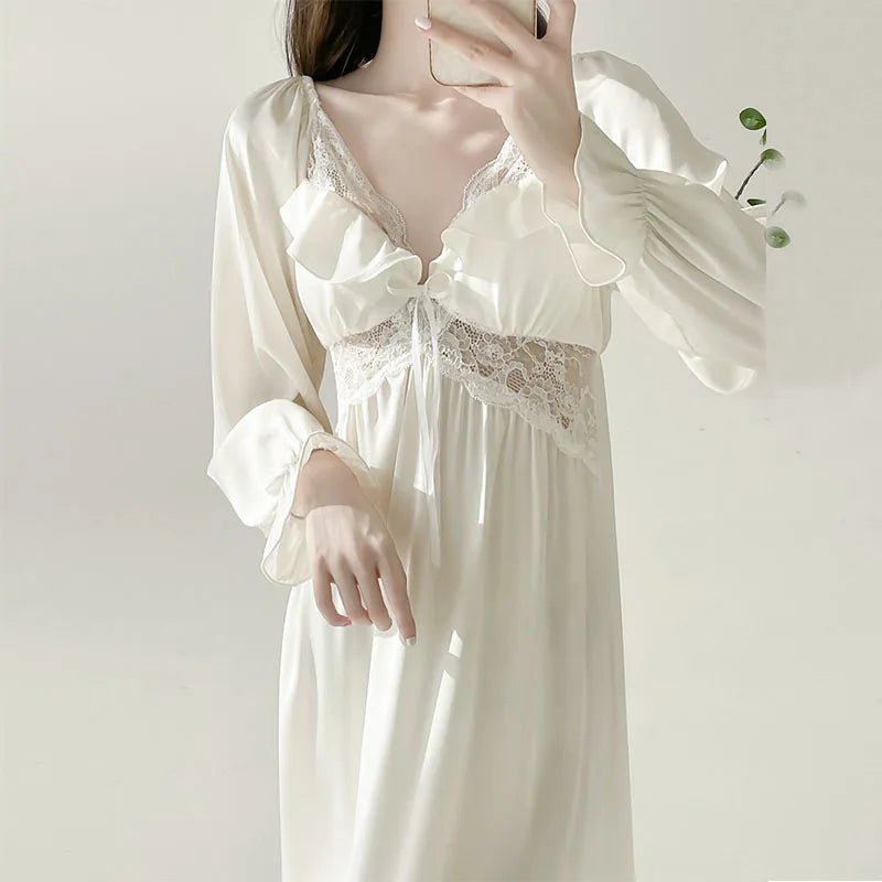 Ins Sweet Princess Nightdress Long Sleeve Spring Summer Dress Silk Satin Lace Night Wears For Women Slim Sleepwear Nightgowns