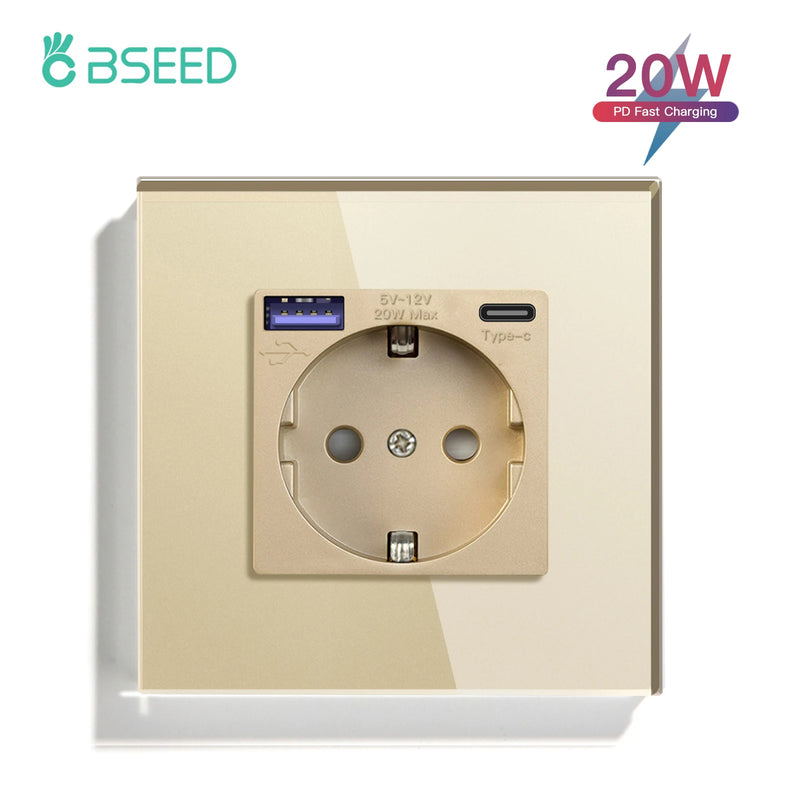 BSEED EU Standard Wall Power Sockets Type-C Interface Outlet USB Fast Charge Port 20W Glass Panel Kids Protection 16A