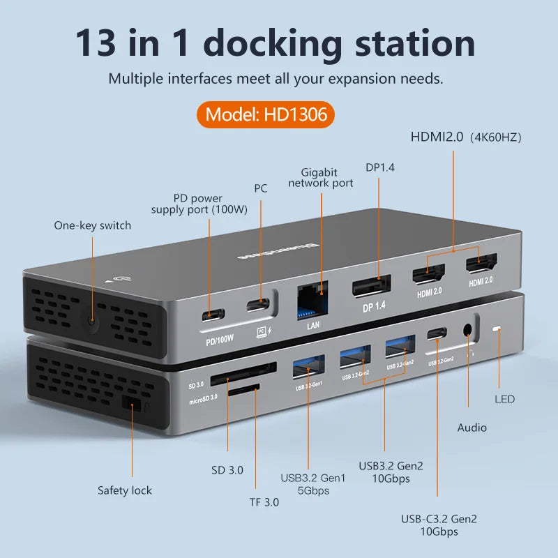 ស្ថានីយ៍ចត USB C របស់ Blueendless 4K HDTV អានកាត 13 ក្នុង 1 អាដាប់ទ័រប្រភេទ c PD 100W ឧបករណ៍បំបែកឆ្នាំងសាក Rj45 DP 1.4 USB3.0 មជ្ឈមណ្ឌលច្រើន