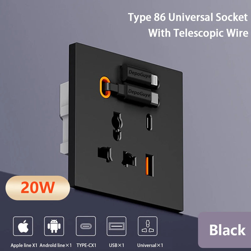 86 Type Universal 20W USB Type-C Socket Panel With Expandable Charging Cable Outlet,UK Mobile phone charging Type-c Socket
