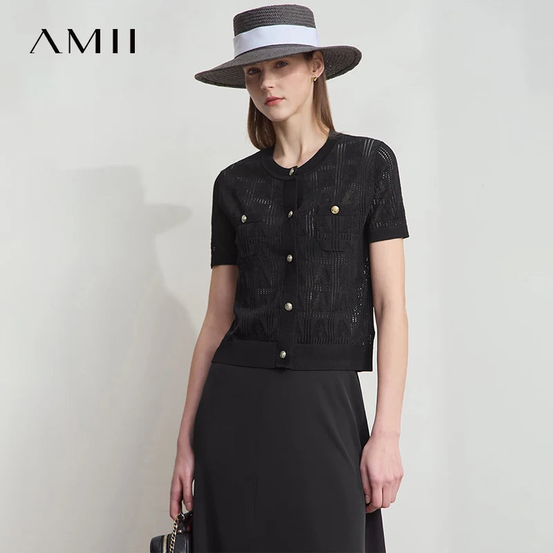 អាវយឺតរដូវក្តៅ AMII Minimalist សម្រាប់នារី ថ្មីឆ្នាំ ២០២៥ ដៃខ្លី កមូល អាវកាឌីហ្គែន ប៉ាក់សម្រាប់នារីទាន់សម័យសម្រាប់ការិយាល័យ 12522115