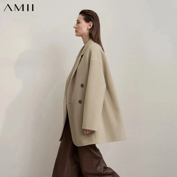 Amii Women's Coat 2026 Winter New Loose Double Breasted Versatile Women's Jacket Long Sleeves 100% Wool Overcoat Female 12524036