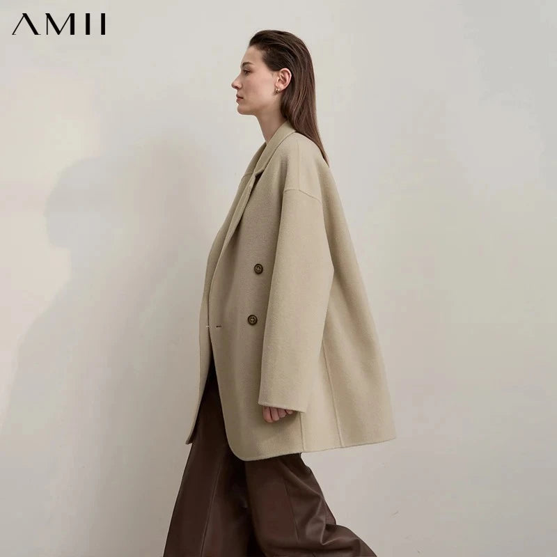Amii Women's Coat 2026 Winter New Loose Double Breasted Versatile Women's Jacket Long Sleeves 100% Wool Overcoat Female 12524036
