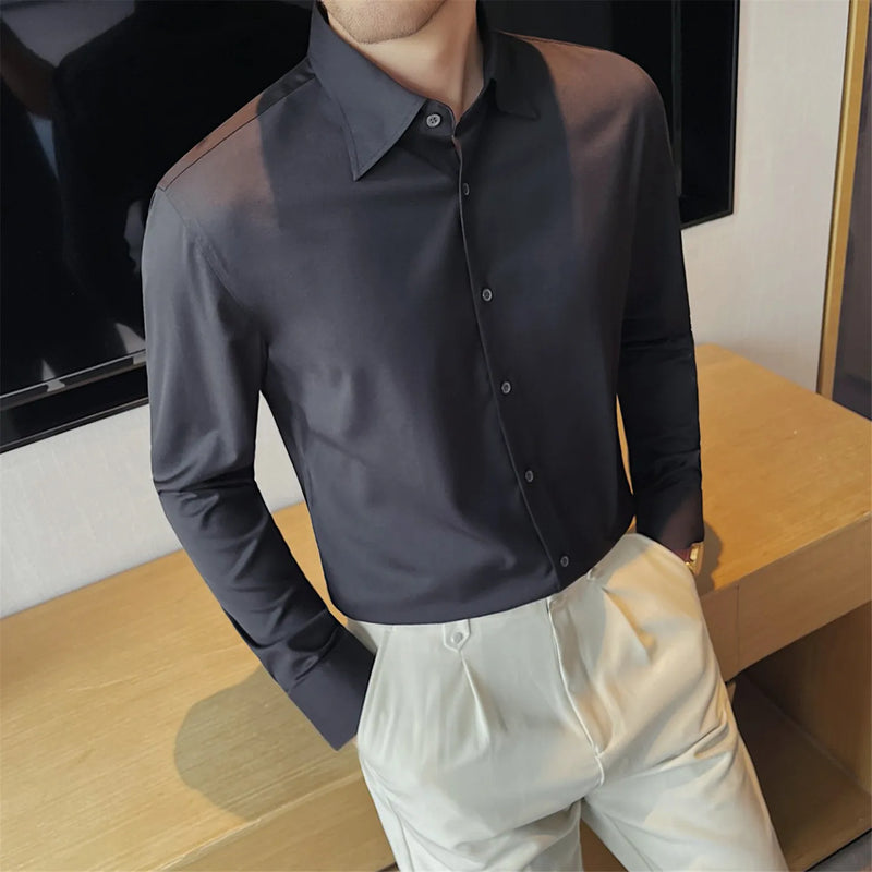 Men's Bamboo Fiber Hidden Placket Shirt Breathable Long Sleeve Button-Down for Business & Casual Wear