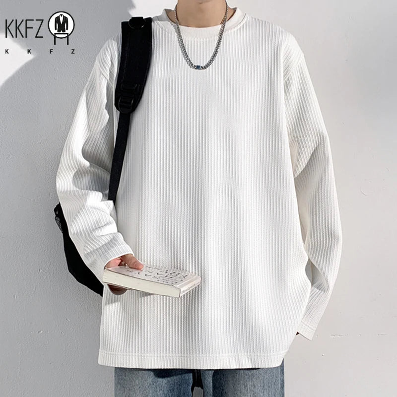 Men Casual Ribbed Texture Long Sleeve T Shirt Round Neck Relaxed Fit Soft Knit Male Daily Wear Top