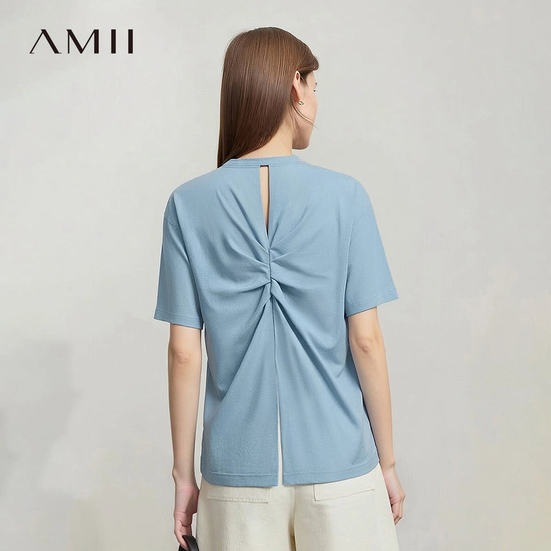 អាវយឺត Amii សម្រាប់នារី រដូវក្តៅ ឆ្នាំ២០២៦ ថ្មី កអាវរាងដូចខ្សែក ដៃខ្លី រចនាបទរលុង បោះពុម្ព កាត់ចេញ រន្ធខាងក្រោយ 12622039