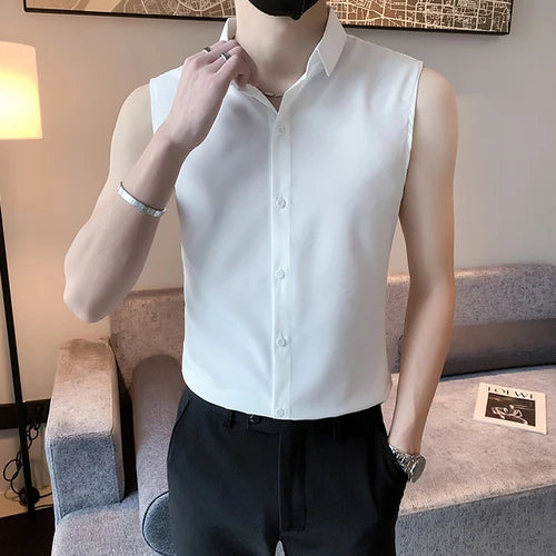 Summer Men's Black Sleeveless Shirt, Fashionable Slim White Shirts, Single Breasted Lapel Summer Top Camisas Para Hombre