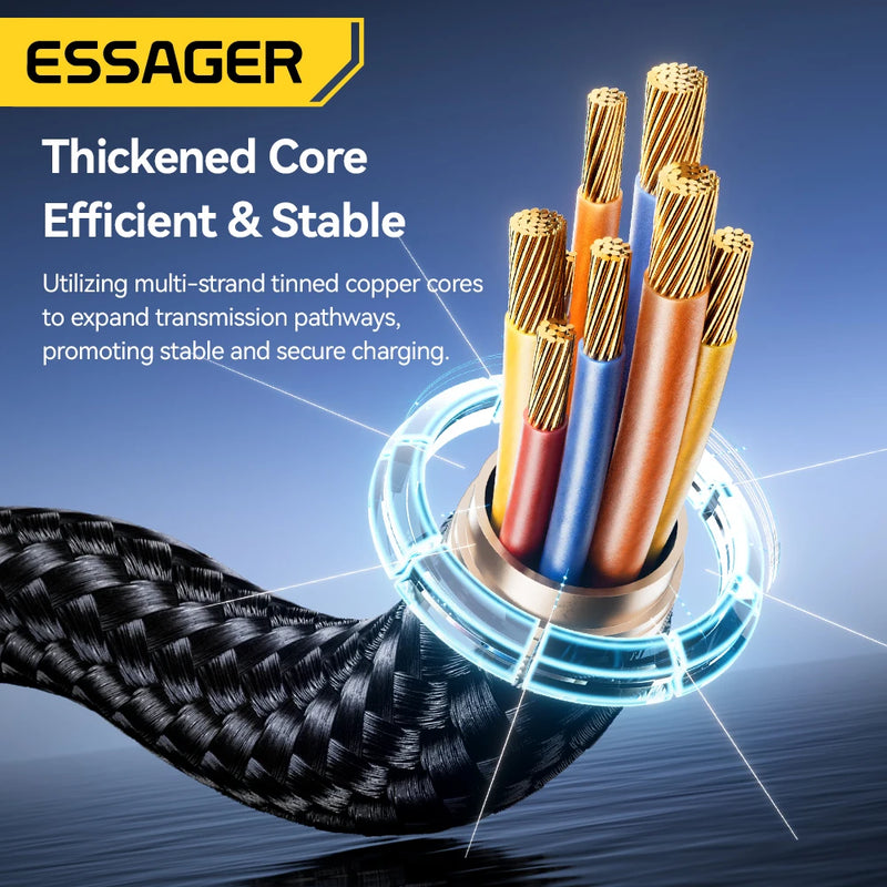ខ្សែសាកលឿន ESSAGER 2-in-1 100W Type-C/Micro/Lighting 7A ខ្សែសាកទិន្នន័យពហុមុខងារសម្រាប់ iPhone 16 15 Pro Samsung Laptop