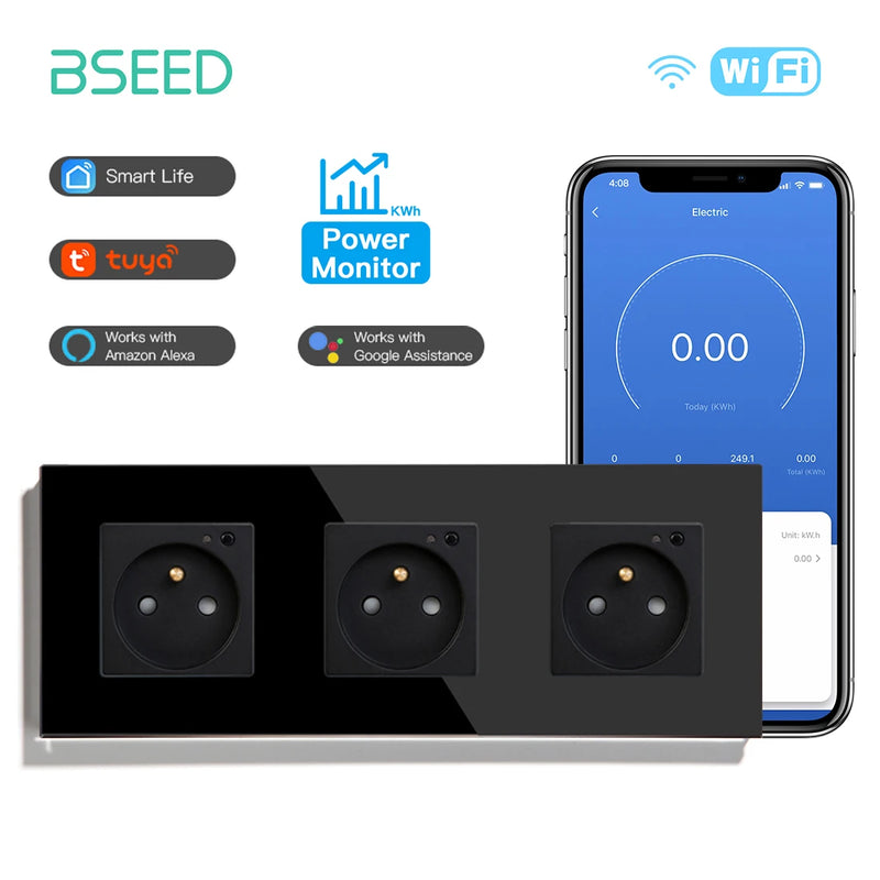 BSEED French Standard Electrical Wifi Smart Socket French Type Power Monitor Timing Function Tuya Alexa Wireless Control 16A