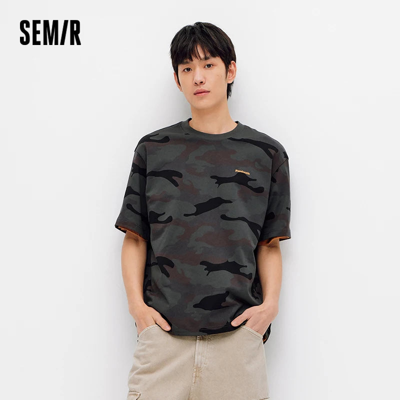 Semir Men Tshirt Camouflage All Over Print Cotton Color Block Embroidered Trendy Top 2026 Summer Street Casual Style