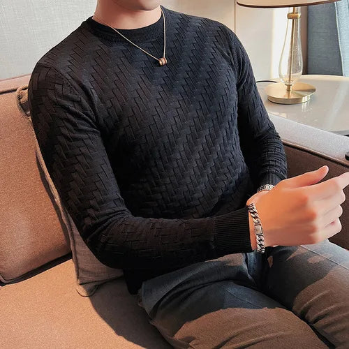 2023 Stretchable Jacquard Woven Winter Crew Neck Sweater Men's Slim Fit Pullover Knitwear Blue, Fashionable Check Pattern