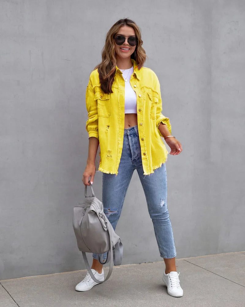 Women's Purple Mid-Length Raw Edge Ripped Denim Jacket, Red Long Sleeve Casual Lapel Coats Top, Green Blue Yellow Gray Optional