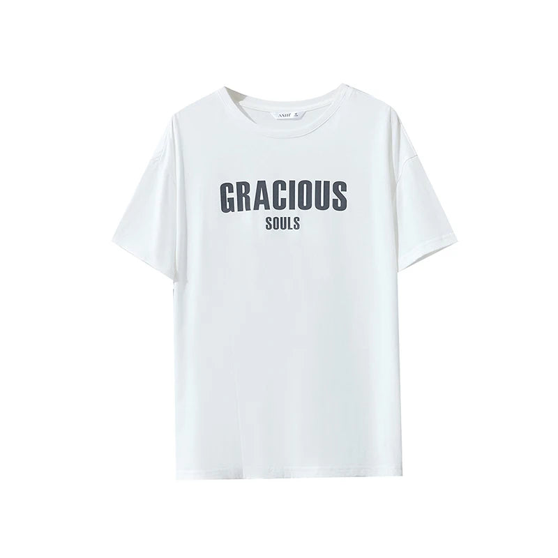 Amii Women's Summer Tee 2026 New Cotton Round Neck Drop Shoulder T-Shirt Loose Letter Printing Female Short Sleeve Top 12622019