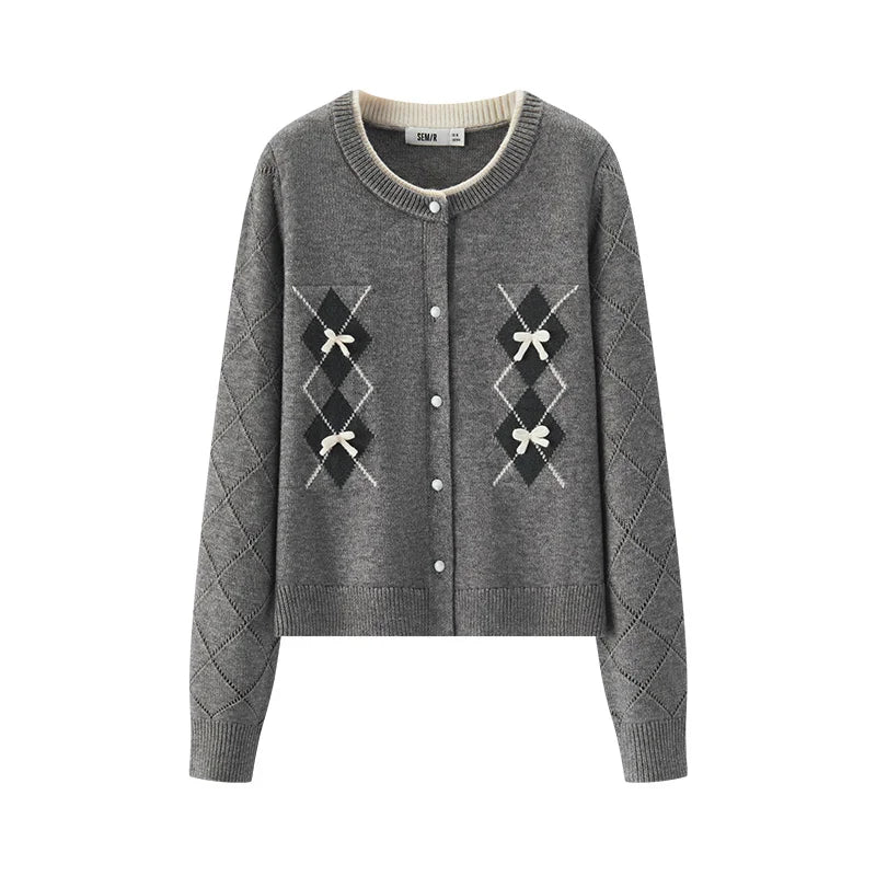 Semir Knitted Cardigan Women Winter Short Length Bow Argyle Fake Two-Piece 2025 New Sweater Girly Wool Sweater Women'S Wear