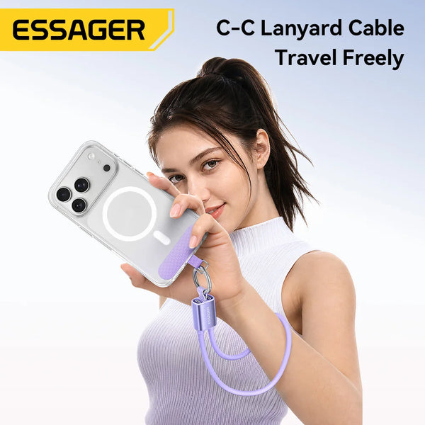 ខ្សែសាក Essager 60W USB Type C Lanyard ខ្សែខ្លីសម្រាប់ Samsung S25 S24 Xiaomi iPhone 17 16 15 Pro Type C ដល់ Type C Cable
