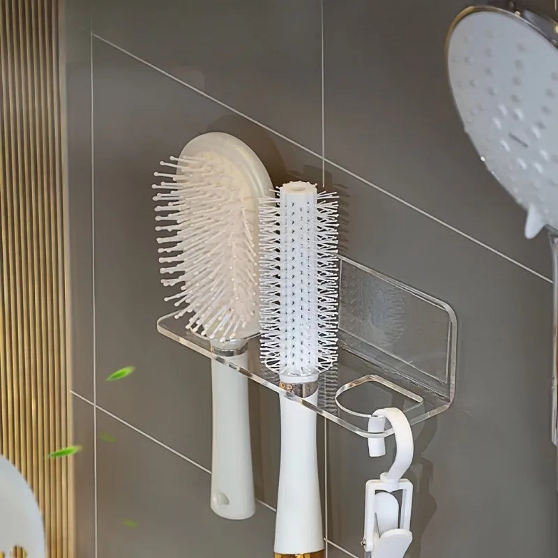 1pc Transparent Plastic Bathroom Organizer Rack, Wall-Mounted No-Drill Storage Rack for Hair Brush. Bathroom Accessori.