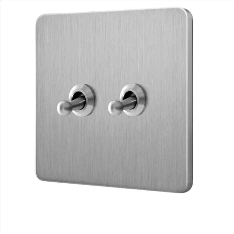 Retro EU France Socket Stainless Steel Brushed Double Power Outlet Toggle Metal Lever 1-4 Gang 2Way Wall Light Switch Panel RJ45
