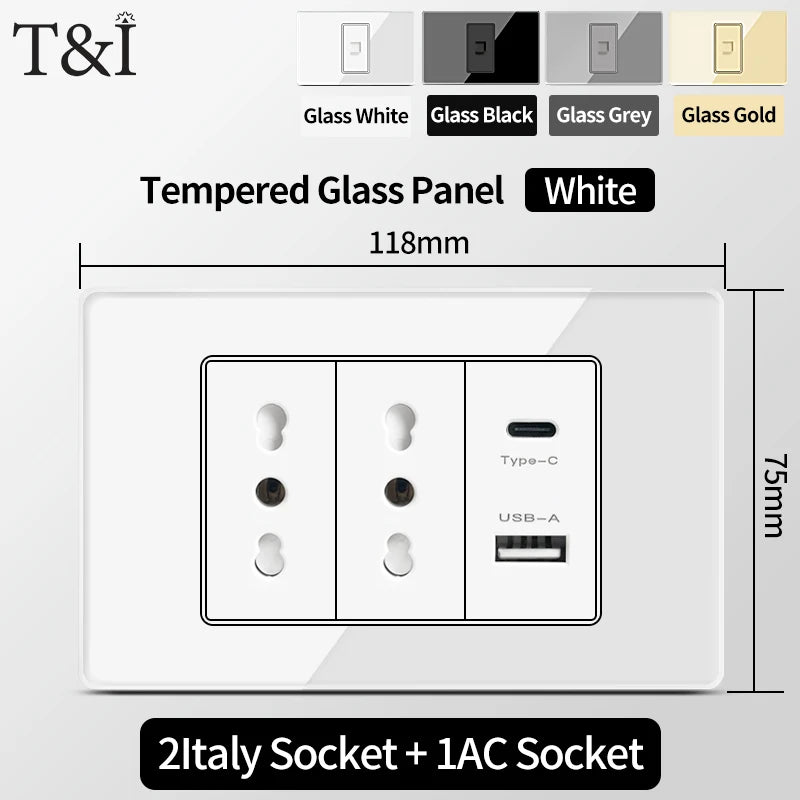 T&I Wall Switch Sockets With USB TypeC  Fast Charging, Italy Socket , Chile Schuko Outlet, Tempered Glass Panel for Home