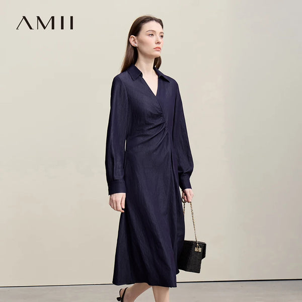 Amii Women's Dresses 2026 Autumn New Holiday Style V-neck Lapel Asymmetrical Pleated Dress Slim A-Line Female Dress 12641049