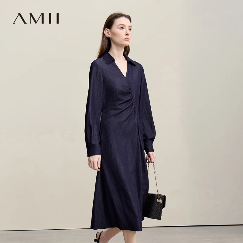 Amii Women's Dresses 2026 Autumn New Holiday Style V-neck Lapel Asymmetrical Pleated Dress Slim A-Line Female Dress 12641049