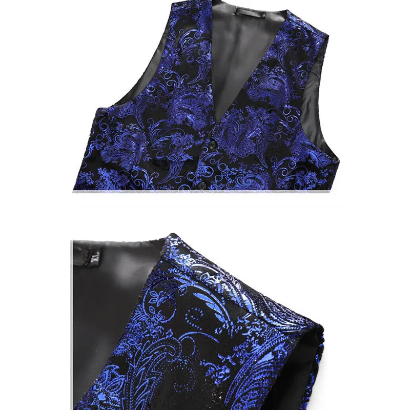 Men's Gold Printed Sleeveless Suit Vest, Red Single Breasted V-Neck Waistcoat, Wedding Party Vests, Asian Size M-6XL
