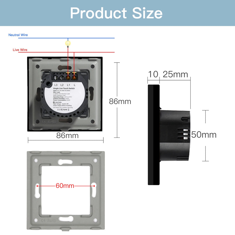 BSEED Touch Screen Light Switches 1/2/3Gang 1Way LED Backlight Wall Switches Glass Panel Max.Load 300W Light Switch On Off