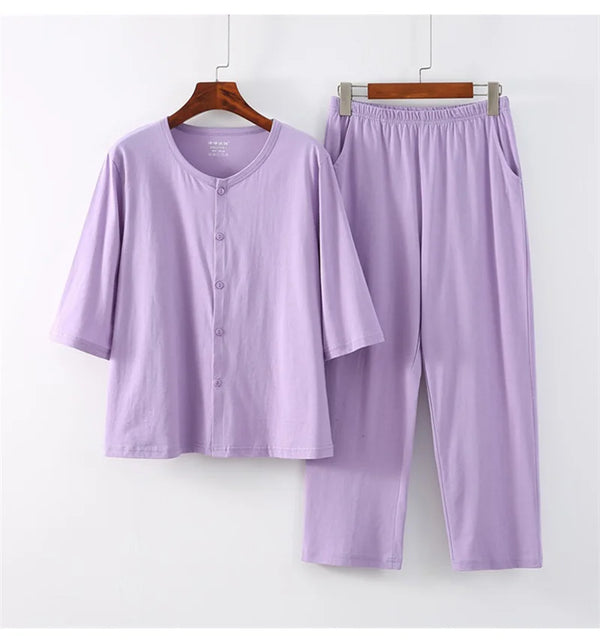 ឈុតខោដៃអាវ 3/4 ទំហំ 2XL-6XL ថ្មី 100% កប្បាស pajamas សម្រាប់ស្ត្រី ទំហំធំ សម្លៀកបំពាក់សម្រាប់ពាក់នៅផ្ទះ និទាឃរដូវ រដូវស្លឹកឈើជ្រុះ pajamas សម្រាប់រដូវផ្ការីក