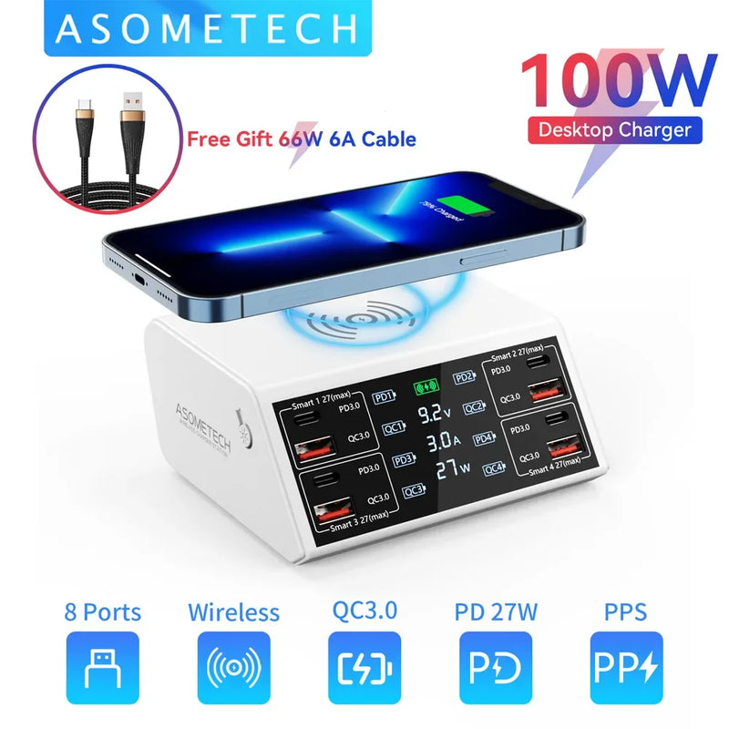 ឆ្នាំងសាកឥតខ្សែ 100W QC 3.0 USB ឆ្នាំងសាកឥតខ្សែ សាកលឿន PD USB C ឆ្នាំងសាកទូរស័ព្ទ គ្រឿងបន្លាស់ឆ្នាំងសាកលឿនសម្រាប់ iPhone 12 13 Xiaomi